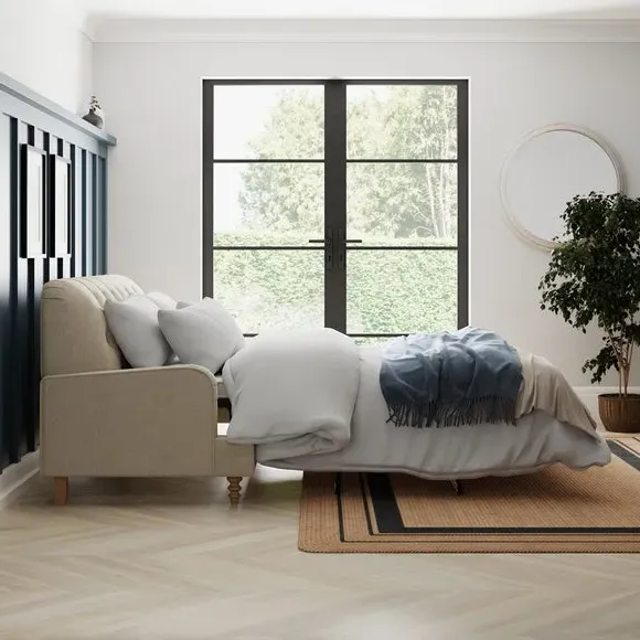 3-Seater Sofa Bed with Buttons - Natural, Fabric