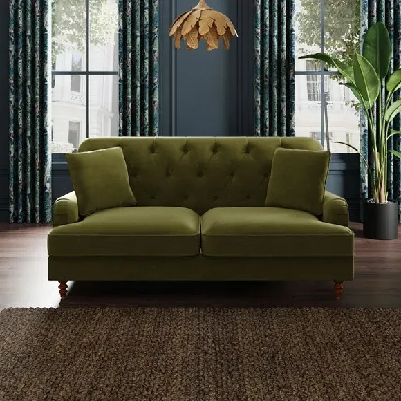 3-Seater Sofa Bed with Buttons - Olive, Velvet