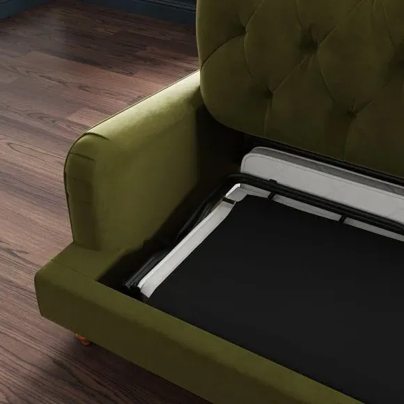3-Seater Sofa Bed with Buttons - Olive, Velvet