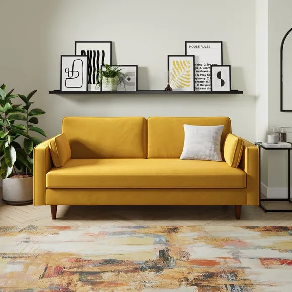 3-Seater Sofa Plain Design - Yellow, Velvet