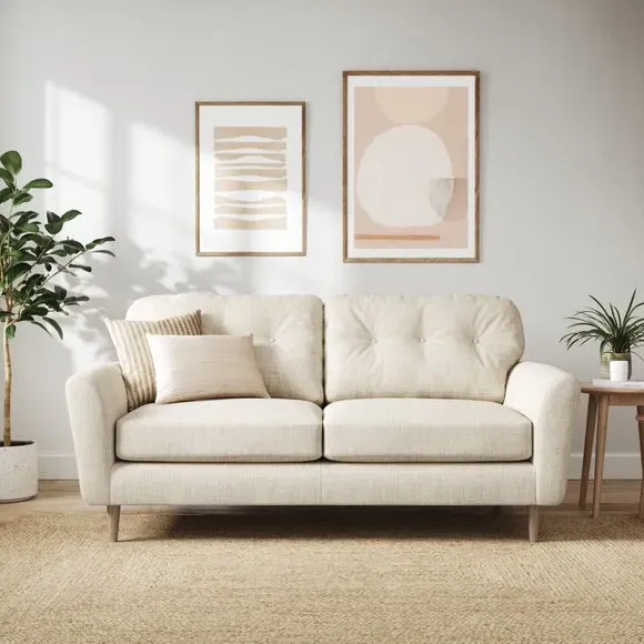 3-Seater Sofa with Buttoned Back - Ivory, Polyester