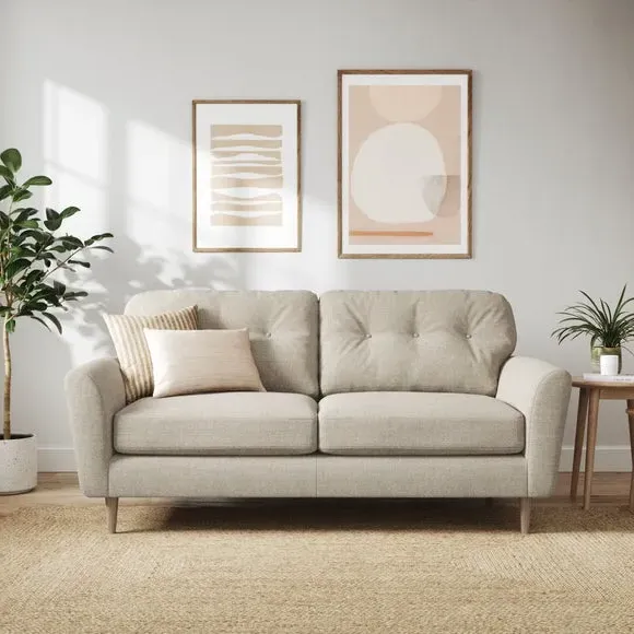 3-Seater Sofa with Buttoned Back - Natural, Polyester