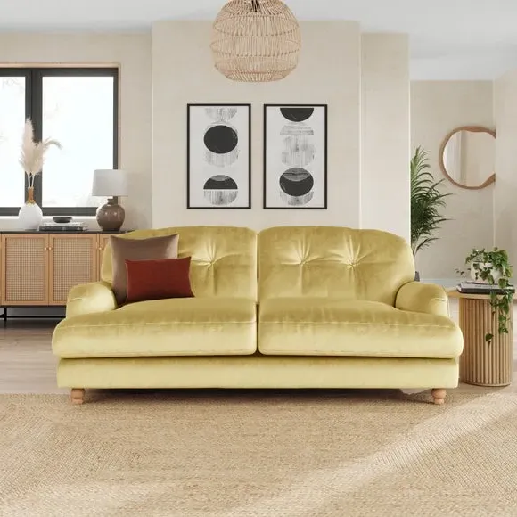 3-Seater Sofa with Fibre Filling - Yellow, Velvet