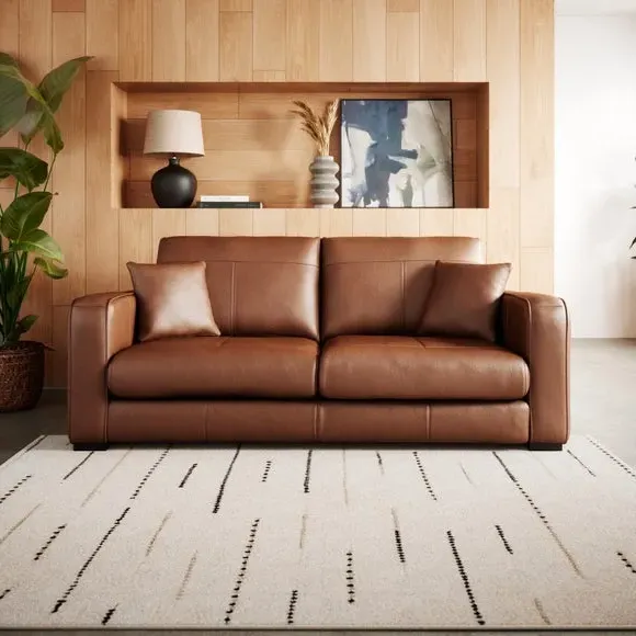 3-Seater Sofa with Piped Edge - Brown, Leather