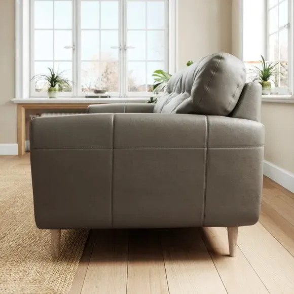 3-Seater Sofa with Piped Edge - Grey, Leather