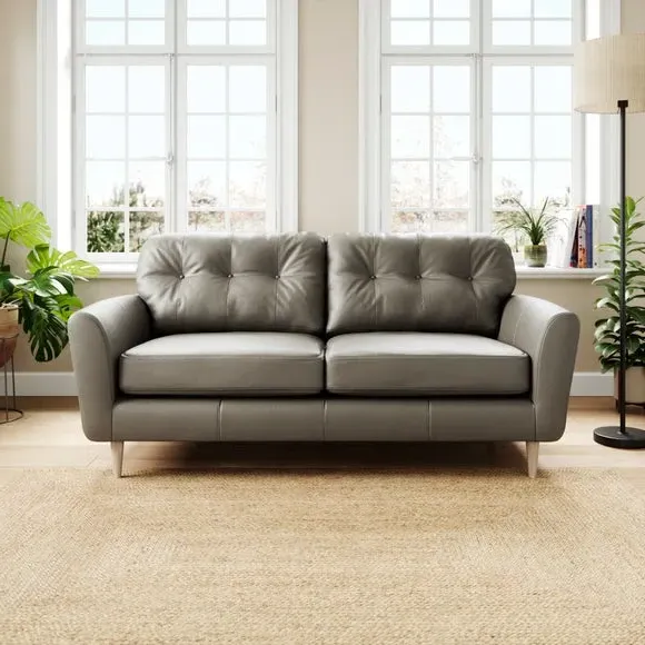 3-Seater Sofa with Piped Edge - Grey, Leather image