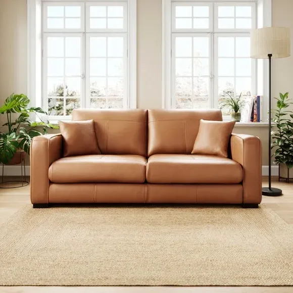 3-Seater Sofa with Piped Edge - Tan, Leather