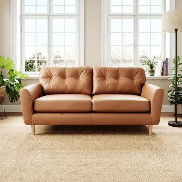 3-Seater Sofa with Piped Edge - Tan, Leather