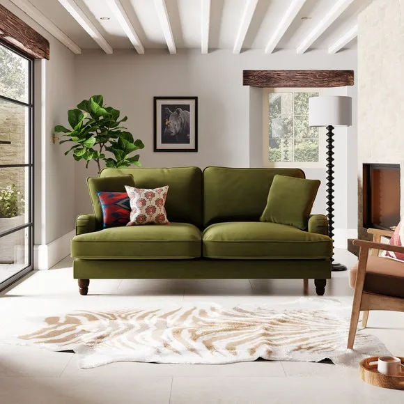 3-Seater Sofa with Piped Edges - Olive, Velvet