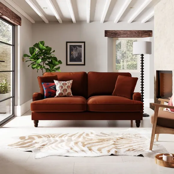 3-Seater Sofa with Piped Edges - Orange, Velvet