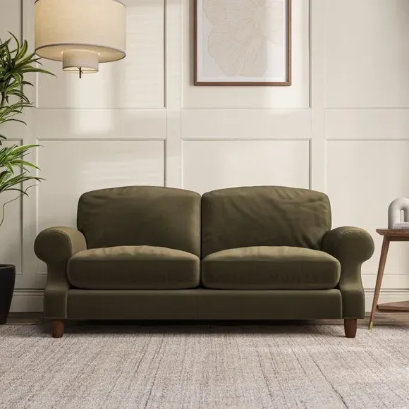 3-Seater Sofa with Scroll Arms - Olive, Velvet