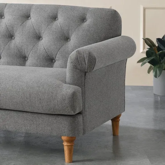 3-Seater Sofa with Tufted Back - Grey, Fabric