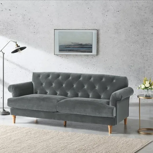 3-Seater Sofa with Tufted Back - Grey, Velvet