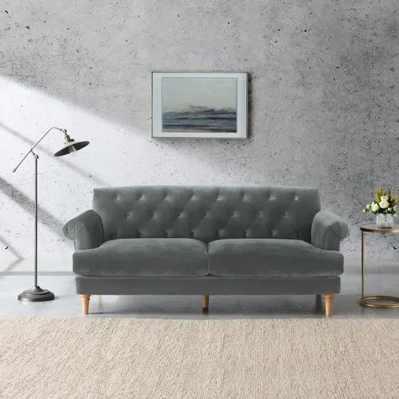 3-Seater Sofa with Tufted Back - Grey, Velvet