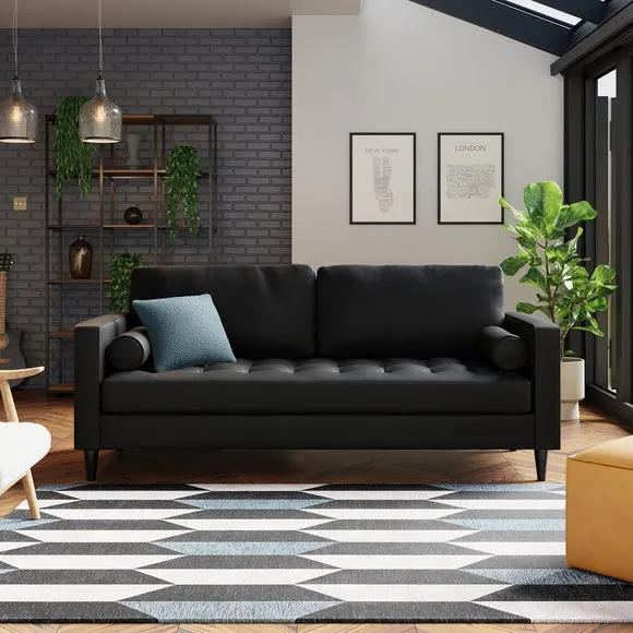 3-Seater Sofa with Tufted Cushions - Black, Faux Leather image