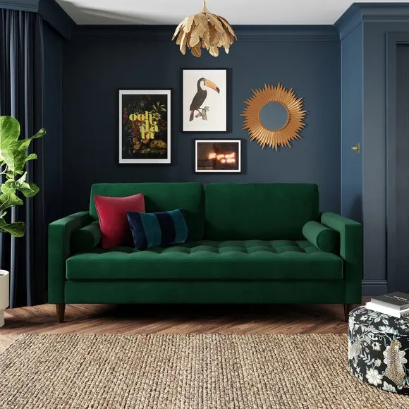 3-Seater Sofa with Tufted Cushions - Green, Velvet image