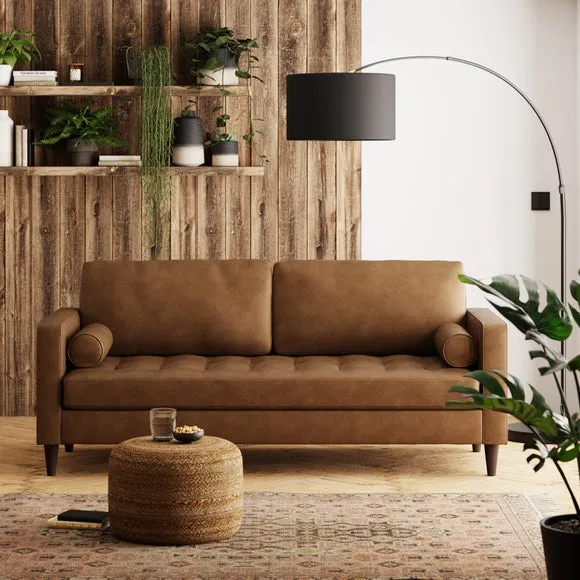 3-Seater Sofa with Tufted Cushions - Mocha, Faux Leather
