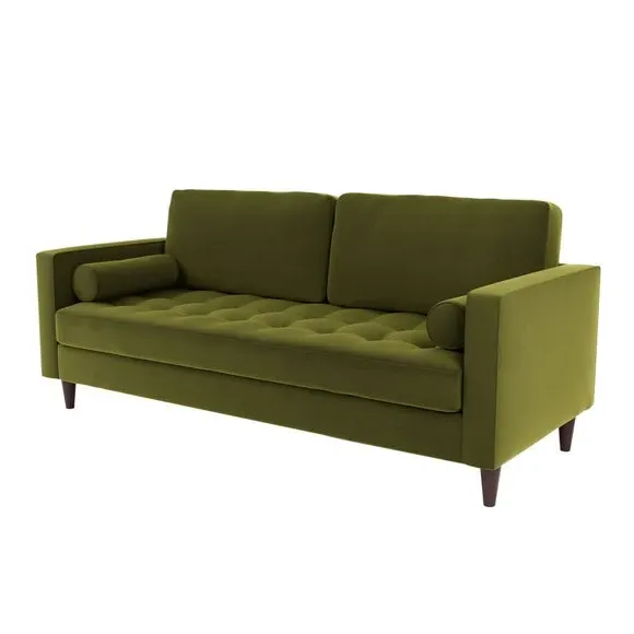 3-Seater Sofa with Tufted Cushions - Olive, Velvet