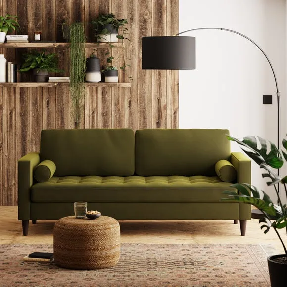 3-Seater Sofa with Tufted Cushions - Olive, Velvet