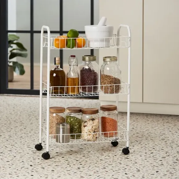 3-Tier Wire Trolley with Wheels - White, Steel