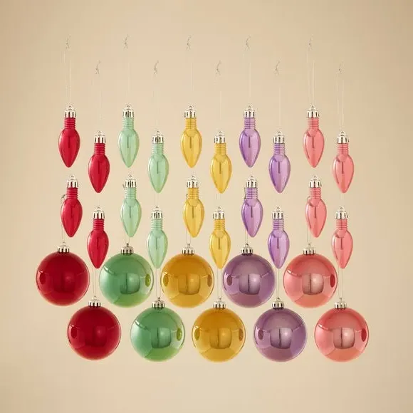 30-Pack Christmas Baubles Mixed Shapes - Pastel