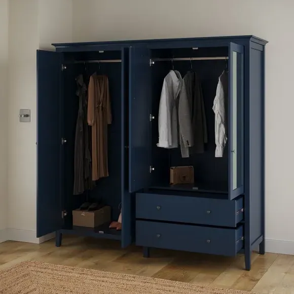 4-Door Mirrored Wardrobe with Drawers - Navy