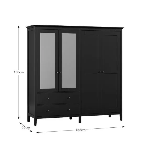 4-Door Mirrored Wardrobe with Drawers - Navy