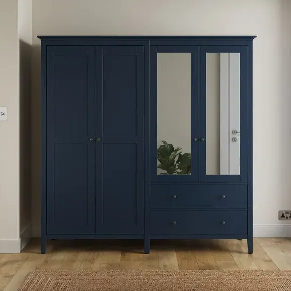 4-Door Mirrored Wardrobe with Drawers - Navy