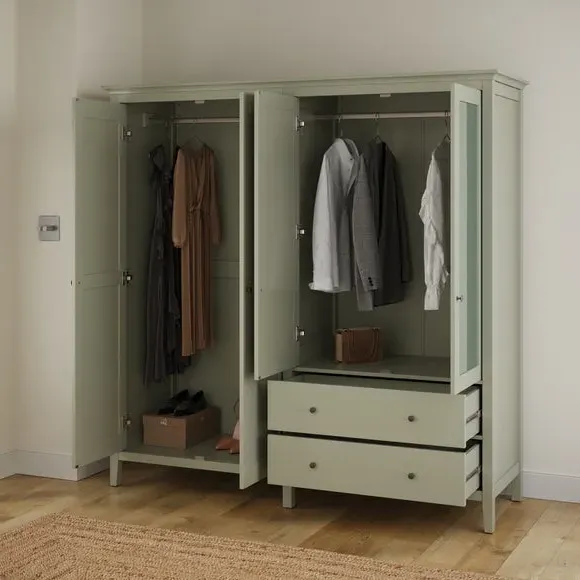 4-Door Mirrored Wardrobe with Drawers - Sage