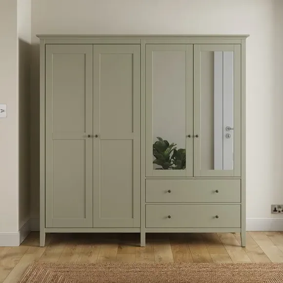 4-Door Mirrored Wardrobe with Drawers - Sage