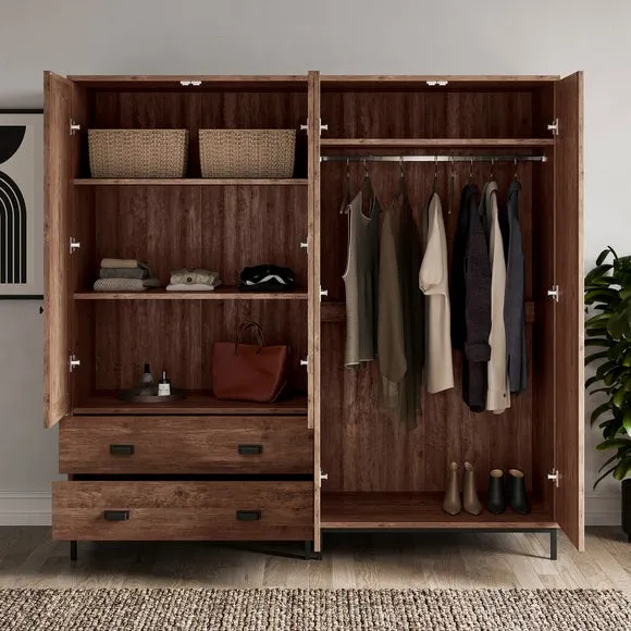 4-Door Wardrobe with Mirrors - Pine