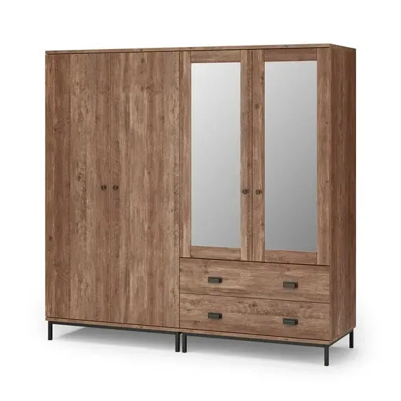 4-Door Wardrobe with Mirrors - Pine