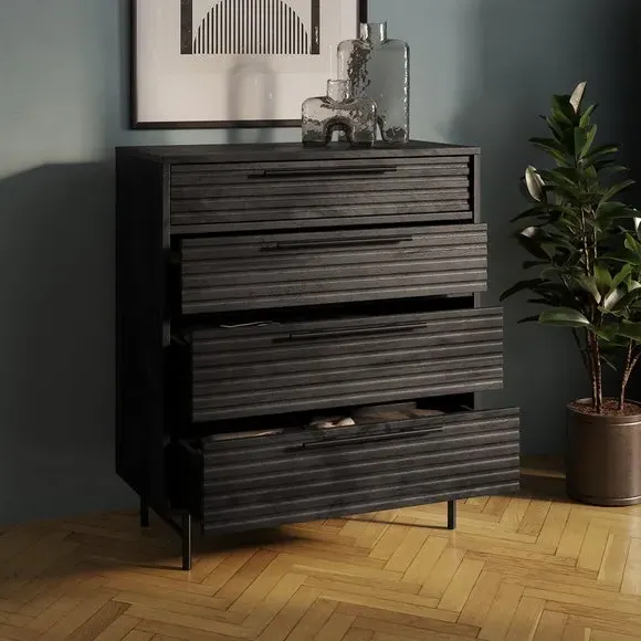 4-Drawer Chest with Ribbed Detail - Black, Wood