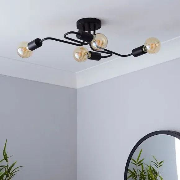 4-Light Semi Flush Ceiling Light - Black, Steel