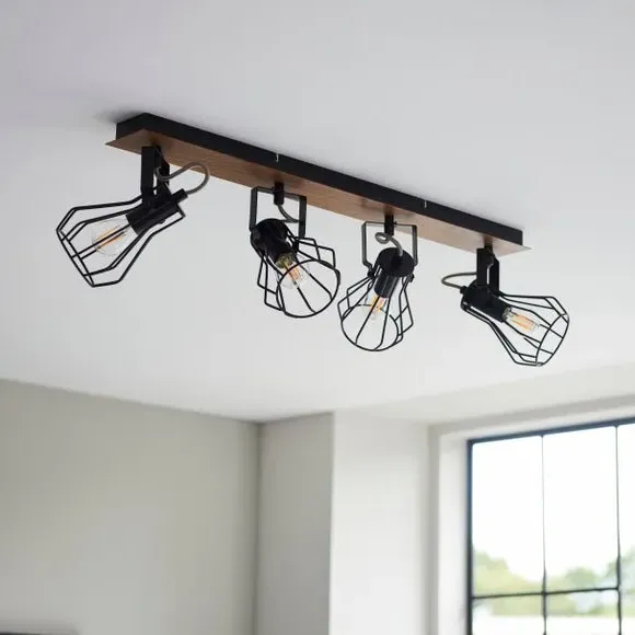 4-Light Semi Flush Spotlight Bar - Black, Wood