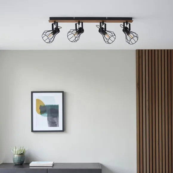 4-Light Semi Flush Spotlight Bar - Black, Wood