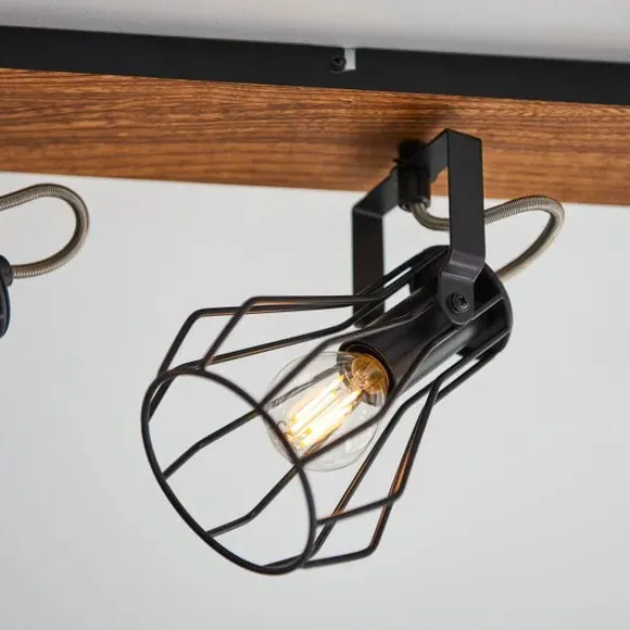 4-Light Semi Flush Spotlight Bar - Black, Wood