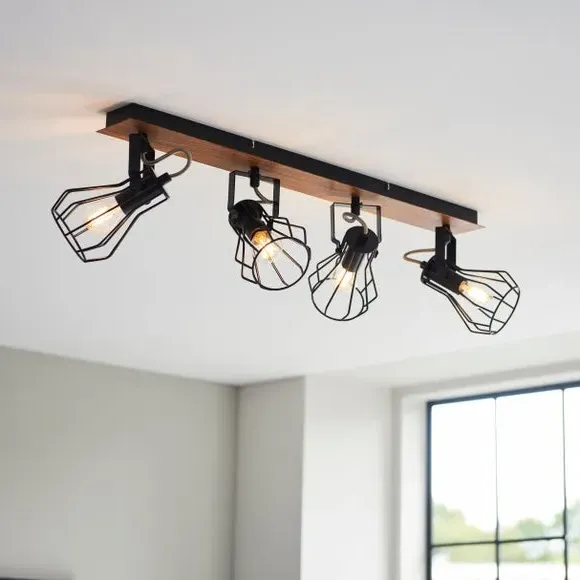 4-Light Semi Flush Spotlight Bar - Black, Wood image