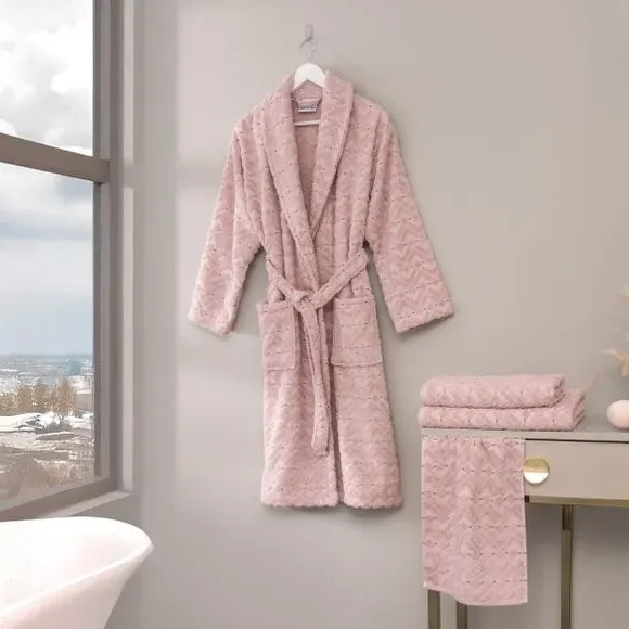 4-Piece Bathrobe & Towel Set - Pink, Cotton