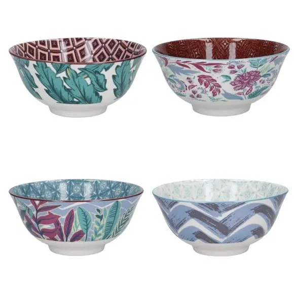 4-Piece Bowl Set Geo Pattern - Blue, Stoneware