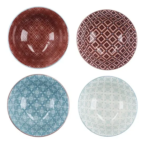 4-Piece Bowl Set Geo Pattern - Blue, Stoneware