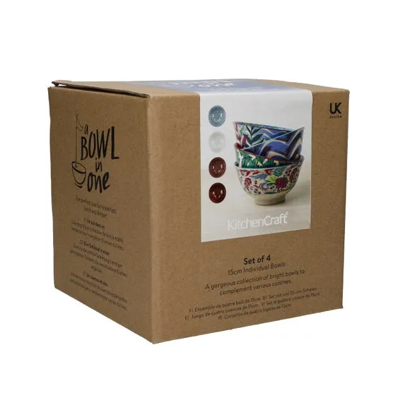 4-Piece Bowl Set Geo Pattern - Blue, Stoneware