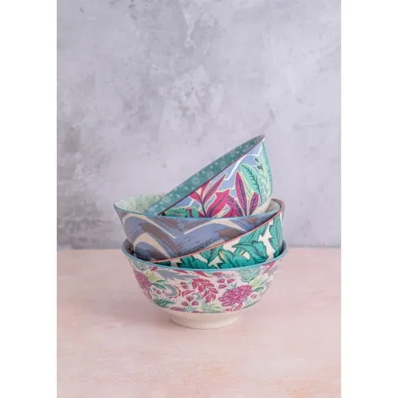 4-Piece Bowl Set Geo Pattern - Blue, Stoneware