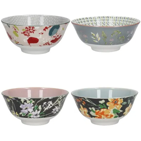 4-Piece Bowl Set with Floral Design - Pink