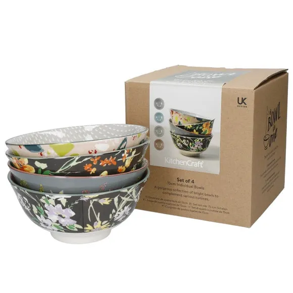 4-Piece Bowl Set with Floral Design - Pink