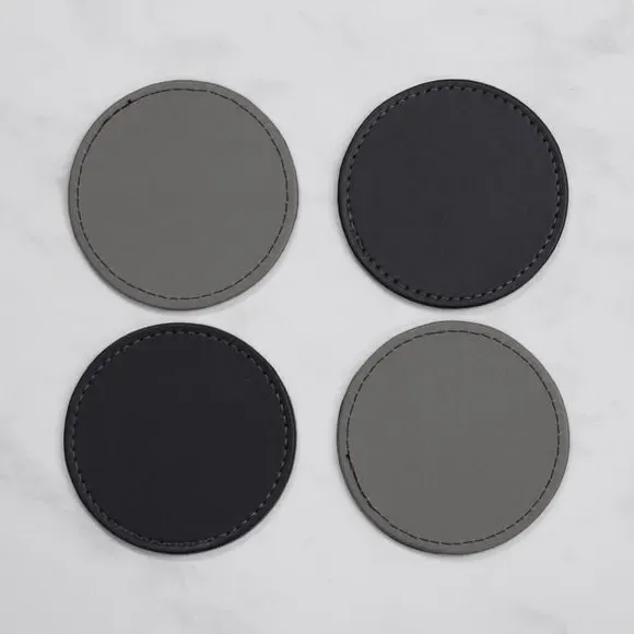 4-Piece Round Coaster Set - Black, Faux Leather