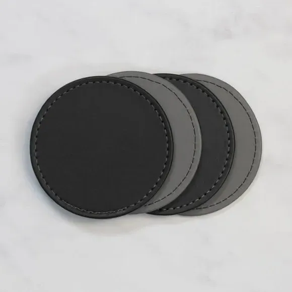4-Piece Round Coaster Set - Black, Faux Leather image