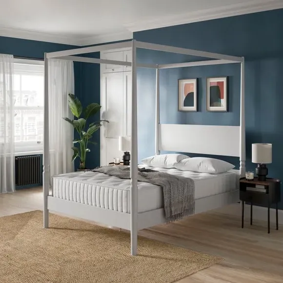 4-Poster Bed Frame with Turned Posts - White