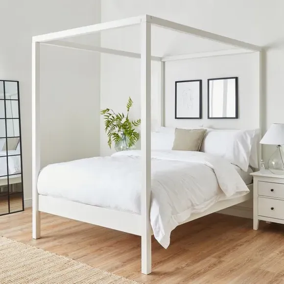 4-Poster Canopy Bed Frame - White, Pine Wood