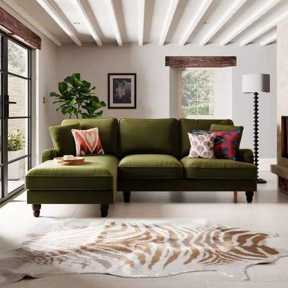4-Seater Corner Sofa Bed with Chaise - Olive, Velvet